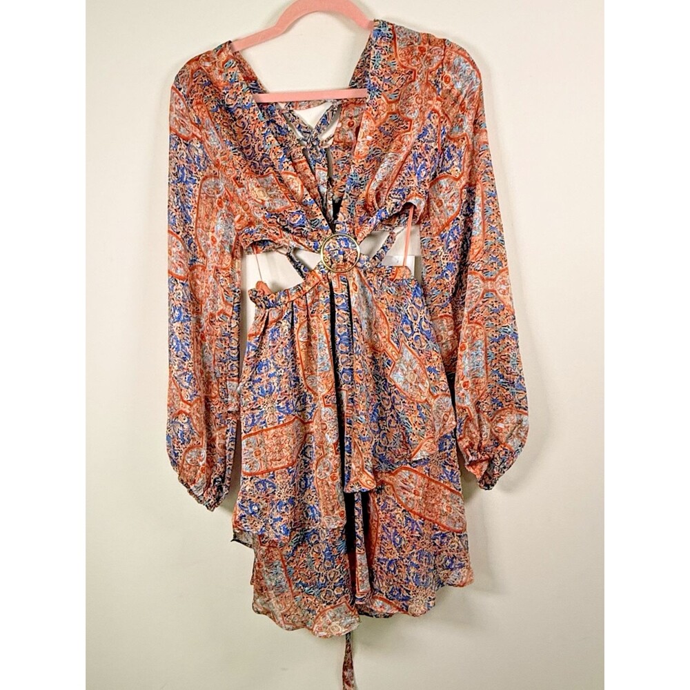 LUXXEL Multicolor Paisley Chiffon V-Neck Tie Front Short Dress - M